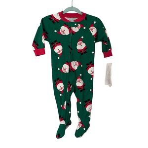 Sara's Prints Kids Footed Pajamas Sleepwear Green Santa Claus Print 12M